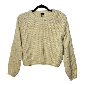 Moon & Madison Womens XS Cream Chunky Knit Bobble Sleeve Crewneck Sweater Beige